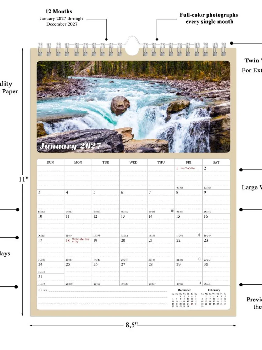 2027 Wall Calendar Spiral-bound Twin - 12 Months Planner 8.5